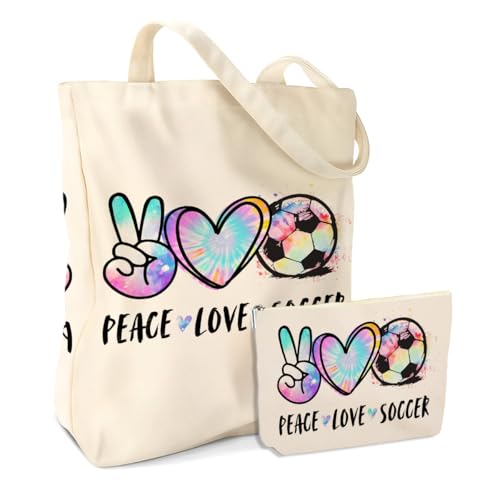 Soccer Stuff, Soccer Gifts for Girls Coach Sports Lover Team Mom Player Fans for Games Practices Season Birthday Christmas 2PCS Cosmetic Bags Canvas Tote Bag Beach Bag with Pocket Makeup Bags 1