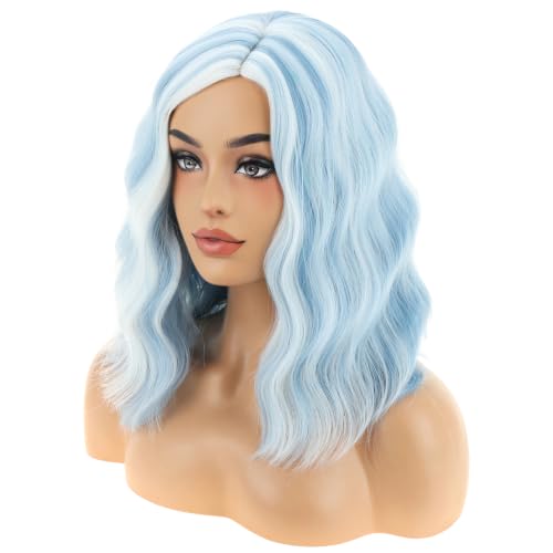 Image of BERON Blue and White Short Curly Wavy Wig for Women Flag Wig Shoulder Length Side Part Heat Resistant Synthetic Wigs Halloween Costume Cosplay Party Wig