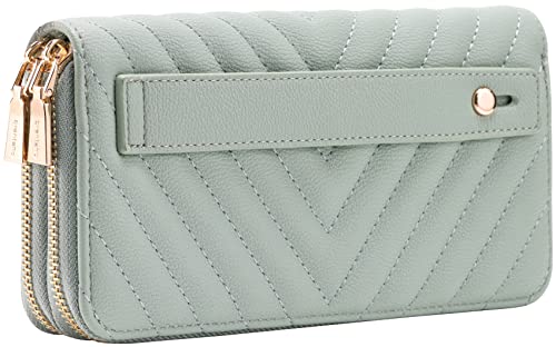 B BRENTANO Vegan Leather Double Zipper Pocket Wallet with Grip Hand Strap (Chevron Embroidered Mint)2