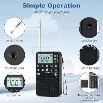 Pocket AM/FM Radio | Digital Tuning, Loud Speaker, Excellent Reception | Portable Emergency & Outdoor Radio with LCD Screen, Alarm Clock, Sleep Timer, Snooze | Battery Operated