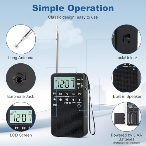 Pocket AM/FM Radio | Digital Tuning, Loud Speaker, Excellent Reception | Portable Emergency & Outdoor Radio with LCD Screen, Alarm Clock, Sleep Timer, Snooze | Battery Operated