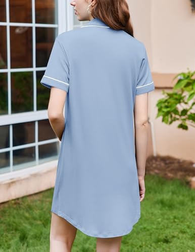 Image of Ekouaer Nightgowns for Women Button Down Sleepshirt Short Sleeve Nightshirt Boyfriend Pajamas V Neck Nightdress S-XXXL