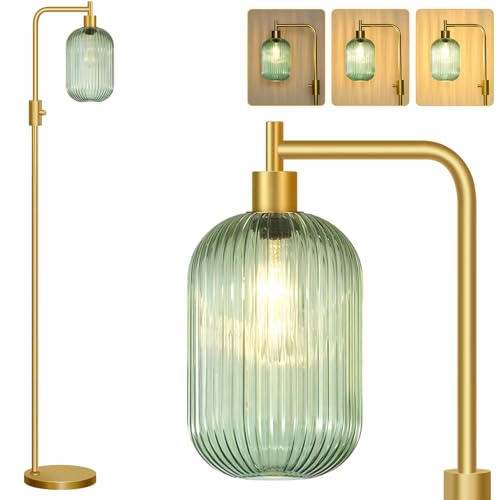 Image of 【Upgraded】 Dimmable Glass Floor Lamp for Living Room, Modern Gold Standing Lamp with Green Ribbed Glass Lampshade & Knob Dimmer, Arc Tall Lamp for Bedroom Office Reading Room, 2700K Led Bulb Included