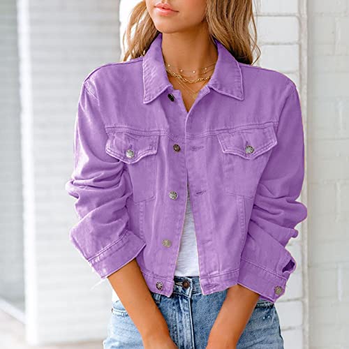 Winter Jackets For Women, Long Sleeve Funny Jacket Women School Winter Jean Solid Comfort Overcoat Lapel Button Up Comfy Jacket Women Purple Warm #TOP1