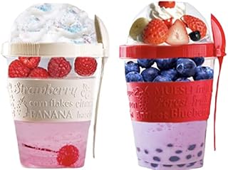 VL 2PCs Yogurt Pots Reusable 20 Oz Yoghurt Container with Lid & Spoon BPA free Breakfast Pots to GO Muesli Cereal On the Go Dishwasher Safe Lunch Box Oatmeal Jars, Set of 2 (Red, Cream)