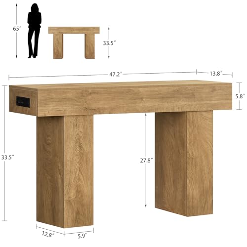Image of 47.2 inch Entryway Table, Console Table with Charging Station and Adjustable LED light, Farmhouse Wood Sofa Table, Behind the Couch Table, Narrow Console Table, Entry Table for Hallway, Living Room
