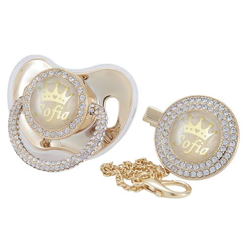 MIYOCAR Personalized Name Anniversary All bling Pacifier and Clip Set 14k Gold Plated New Born Gift Photography No for Daily Use