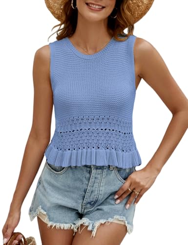 Image of VIMPUNEC Womens Crochet Crop Tank Tops Sleeveless Knit Sweater Vest Ruffle Hem Summer Top