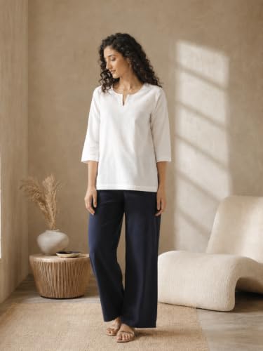 Image of SAADAA Airy Linen Split Neck Short Kurta for Women | Casual & Office Wear | 3 /4 Sleeves, Comfortable Fit | Elegant Top | Lightweight & Breathable Fabric |