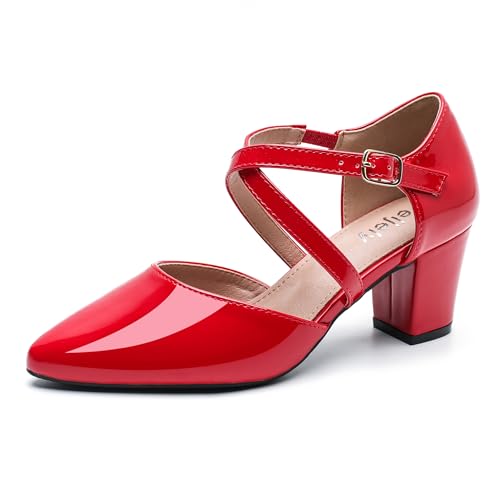 Women's Pointed Toe Pumps, Cross-Strap, Block Heel Dress Shoes Patent Red 40 - US 8