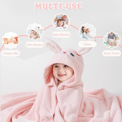 Image of Cute Animal Hooded Baby Towel Soft Coral Fleece Baby Towels with Hood Toddler Bath Towel Large 27 x 55 Inch Ultra Absorbent Hooded Bath Towels for Babies Baby Bath Towel（Pink