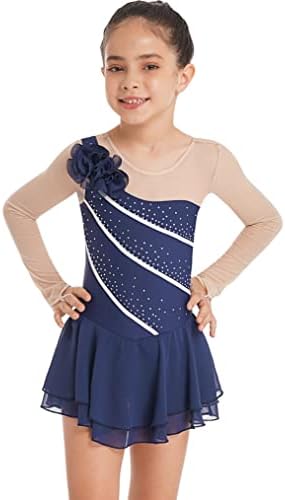 Freebily Kids Girls Figure Ice Skating Dress Mesh Long Sleeve Sparkly Flower Tulle Dance Dress Roller Skating Costume Blue 12 Years