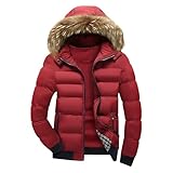 Piumino da uomo con cappuccio peloso da uomo foderato in pelliccia trapuntata cappotti invernali da uomo calda giacca da piumino spessa, Rosso, M
