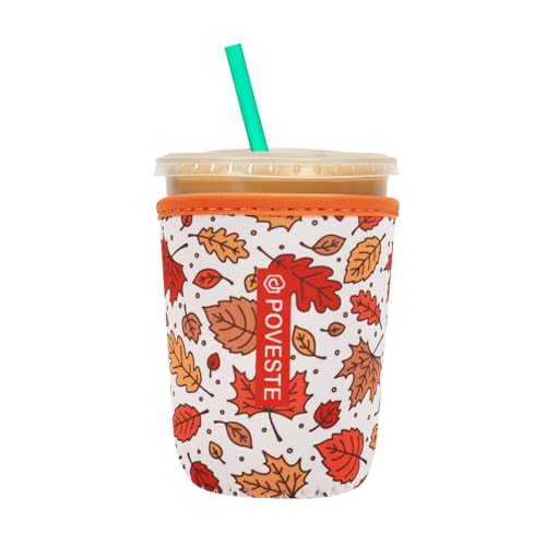 Reusable Neoprene Insulator Sleeve for Iced Coffee & Cold Soda, Coffee Sleeves for Iced & Hot Drinks, Cold Beverage Cooler Compatible with Starbucks, Dunkin (Fall Leave, Small: 16-18oz)