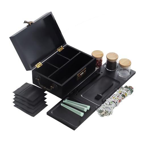 Bamboo Stash Boxes with Combination Lock, Upgraded with Metal Carrying Handle Home Decorative Storage Box,Bamboo wooden Roller For coffee beans, spices, seasonings (Black)
