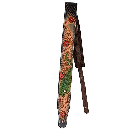 Walker & Williams Lct-16 All Handmade Super Premium Leather Guitar Strap With Hand Tooled Green Koi Fish And Soft Peccary Backing For Acoustic, Electric, And Bass Guitars #TOP5