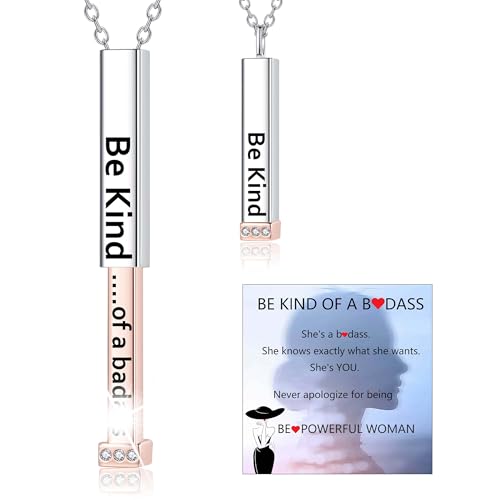 SOLOLIKE Rose Gold Be Kind of A Badass Necklace: Sterling Silver Hidden Message Necklace for Women 3D Vertical Bar Pendant - Best Friend Sisters Friendship Sorority Jewelry Gifts