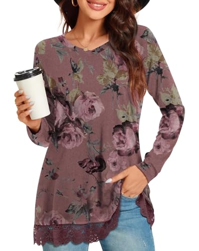 Netsmile Women's Tops Fall Long Sleeve Tunics Loose Dressy Casual Shirts Lace Hem Sweatshirt for Leggings2