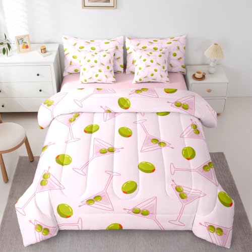 Erosebridal Coquette Wine Glass Bedding Set 7 Pieces,Green and Pink Queen Comforter Set with Sheets Trendy Y2K Fashion Bed in a Bag for Kids Boys Girls Funky Preppy Bed Sets