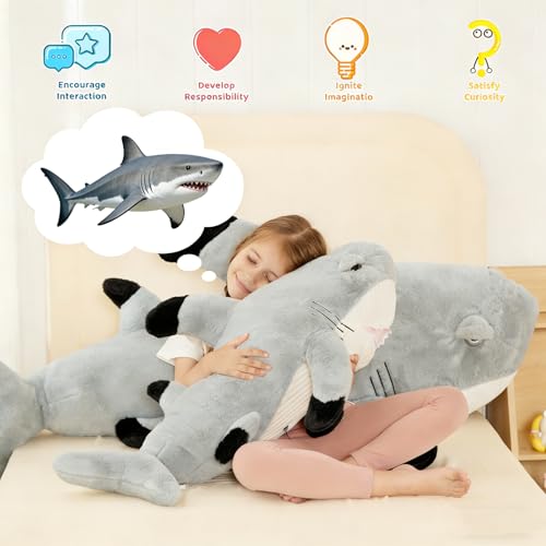 Image of Tezituor 51inches Giant Great White Shark Stuffed Animals, 4.3ft Oversize Gray Stuffed Shark Plush Body Pillow for Girls Boys, Realistic Ocean Plush Toy Christmas Birthday Gift Decora for Kids Adults