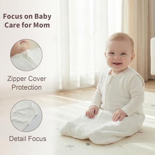 Image of BSTOPPT 2 Pack Baby Sleep Sack 6-12 Months 100% Organic Cotton Muslin Baby Sleeping Bag 2-Way Zipper Wearable Blankets TOG 0.3 (White & Light Gray, Medium)