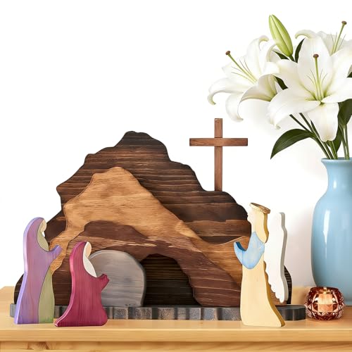 Gnodry The Empty Tomb Easter Scene, Christian Cross Decorations, Decorations Religious Jesus Tomb Easter Kit Display for The Home, Tabletop, Office - Wooden Nativity Set - 7-Piece (Multiple Color)