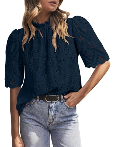 BETTE BOUTIK Womens Lace Tops 2025 Trendy Long Short Sleeve Eyelet Embroidered Dressy Casual Blouse Shirts