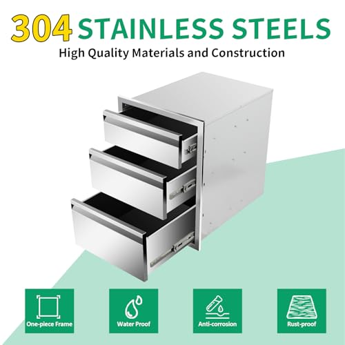 Image of Outdoor Kitchen Drawers 18 inch W x 24 inch H x 23 inch D Stainless Steel Triple Drawers with Hidden Handle for BBQ Island, Patio Grill Station & Outdoor Kitchen Cabinets