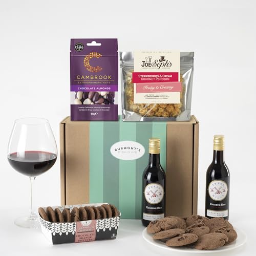 Burmont's Red Wine & Chocolate Gift Hamper - Two Small Red Wines, Joe & Seph's Popcorn, Cambrook Chocolate Almonds & Premium Chocolate Chip Biscuits - Hamper Exclusive To Burmont's