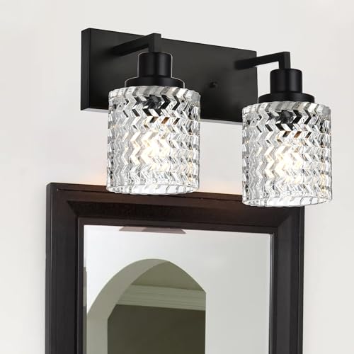 Image of MELUCEE 2 Lights Indoor Wall Sconces Black Finish, Contemporary Bathroom Vanity Lighting Fixtures with Hammered Glass Shade, Modern Wall Mounted Lamp Above Mirror Sink Cabinet