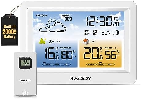 Raddy WM6 Weather Station Wireless Indoor Outdoor Thermometer Hygrometer Barometer w/Built-in 2000mAh Battery, Atomic Clock, Weather Forecast, Mold Risk Alert, with Remote Sensor for Home