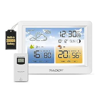 Raddy WM6 Weather Station Wireless Indoor Outdoor Thermometer Hygrometer Barometer w/Built-in 2000mAh Battery, Atomic Clock, Weather Forecast, Mold Risk Alert, with Remote Sensor for Home