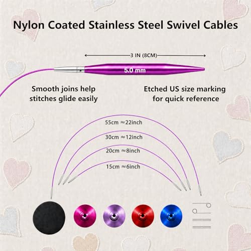 Image of Froggod 3-Inch (8cm) Short Interchangeable Circular Knitting Needles Set | US 2.5-11 (3.0-8.0mm) | 12-Pair Aluminum Short Needles | 4 Cables(6 inch, 8 inch, 12 inch, 22 inch) & Case for Socks, Sleeves & Small Knits
