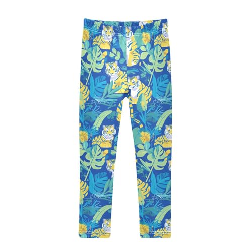 Botanical Green Tigers Pattern Kids Baby Girls Cotton Leggings Casual High Waisted Workout Pants Gym