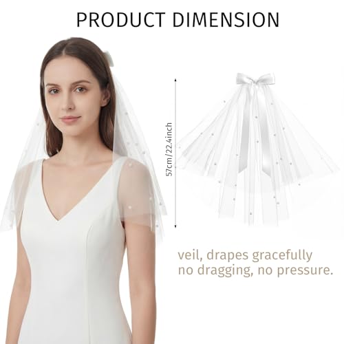 Tucnoeu Bride Veil, 22.4 Inch Short White Bachelorette Veil With Bow & Pearls - Elegant Tulle Comb Hold, Bridal Bridesmaid Gift for Women and Girls