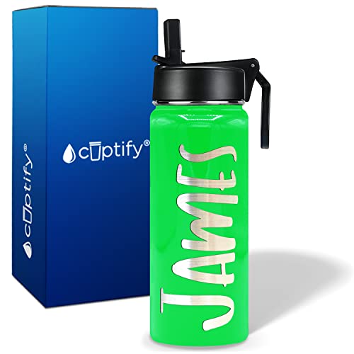 Personalized Kids Water Bottle With Straw Lid On Neon Green Gloss For School Engraved Custom Children Name 18 Oz Modern Insulated Stainless Steel #TOP1
