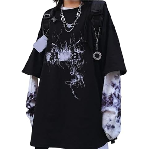 jupkem Men's Goth Baggy Shirt Y2k Graphic Print Long Sleeve Tees Women Punk Fake Two-Piece Pullover Tops Oversized Fall Clothes(black-XL) Cover