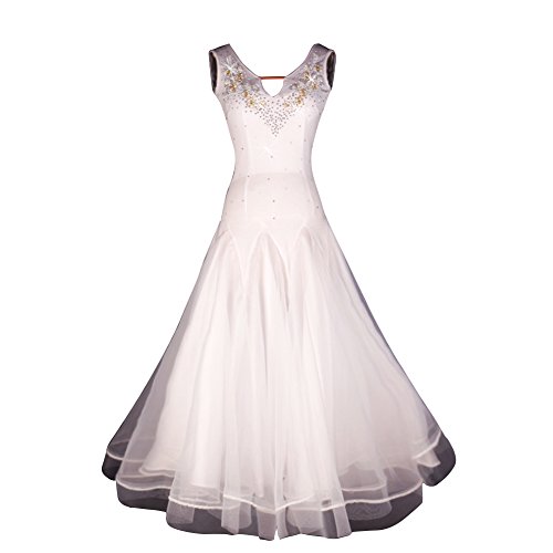 YC WELL Women Modern Waltz Tango Smooth Ballroom Dance Dress Standard Ballroom Dress(White,S)