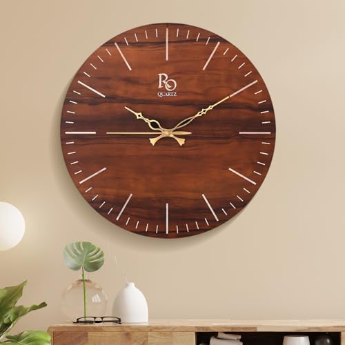 Image of Engineered Wood Round Shape Wall Clock with Metallic Hand & Silent Quartz Movement | Wooden Minimalist Design Anti Reflection Analog Vintage Clock for Home (Brown, 15 Inch)