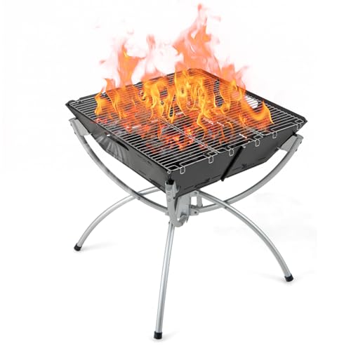 GYMAX Braséro Extérieur Pliable et Gril de Barbecue 2-en-1, avec Grilles en Acier INOX 304 & Sac de Rangement & Gants, pour Camping, Pique-Nique, Réunion