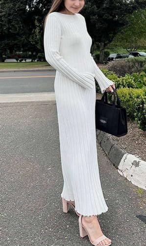 Image of Women's Long Sleeve Sweater Dress Ankle Length Fall Dress Vneck Knit Winter Dress