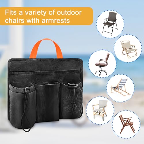 Beach Chair Cup Phone Holder Attachment Black Camp Chair Side Pocket Organizer Beach Chair Accessories Pouch Camping Chair Armrest Storage Bag with 4 Pockets for Water Bottle Sunglasse Book