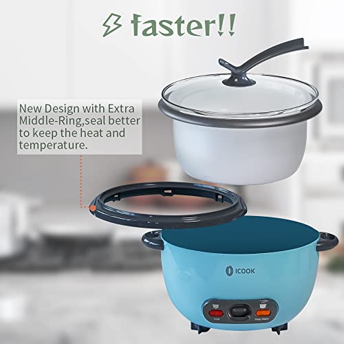 Icook 5-Cup Uncooked 10-Cup Cooked Rice Cooker 1L Grains,Oatmeal,Cereals Cooker,Rice Warmer Steamer,Small Mini Rice Cooker Removable Nonstick Pot,Full View Glass Lid,Stand Plastic Knob,Blue #TOP3