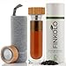 Finkolo Bouteille Isotherme à Infusion en Verre - Thermos Infuseur à Thé, Café - Gourde à Jus de Fruit - Borosilicate Double Paroi avec Filtre en Acier Inox, Couvercle en Bambou, Housse - 420 ml