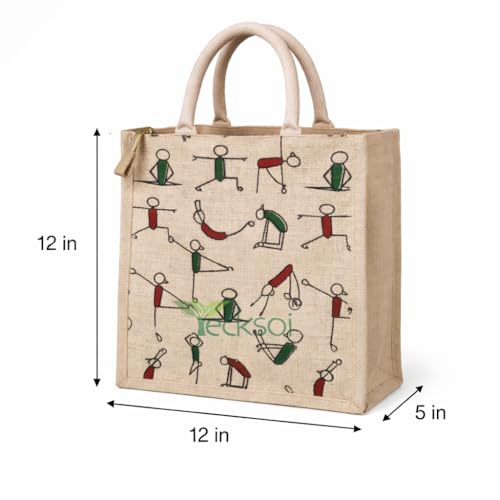 Image of Handbag | Natural Jute Fabric with Zipper Dual Straps | Tote-Bag | Unisex Printed Large Capacity Carry Bag | Pefect For Storage, Travel & Grocery Shopping | Lightweight - Printed (White) | Lightweight