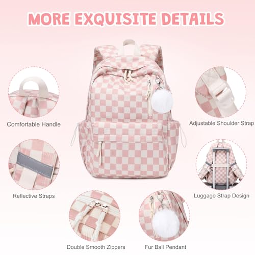 3PCS Corduroy Girls Backpack w/ Lunch Box & Pencil Bag (Pink Chessboard) by ACESAK - Used condition - Image 7