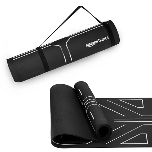Image of Amazon Basics Alignment TPE Yoga Mat with Yoga Strap | 6 mm Thick | Guide Line Alignment for Posture Accuracy | Non-Slip Grippy Surface | Lightweight & Durable | Floor Protection | Ideal for Yoga, Pilates, Stretching & Fitness | 183 x 61 cm | Black