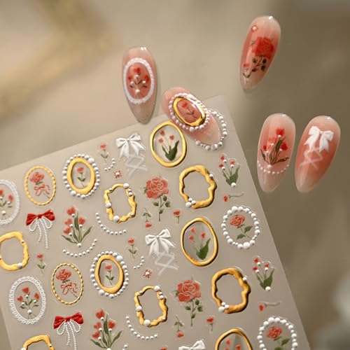 Image of Vintage Rose Nail Stickers with Gold Foil Frame Nail Decals 5D Embossed Self-Adhesive Nails Art Stickers for Women Manicure Decoration Accessories Supply