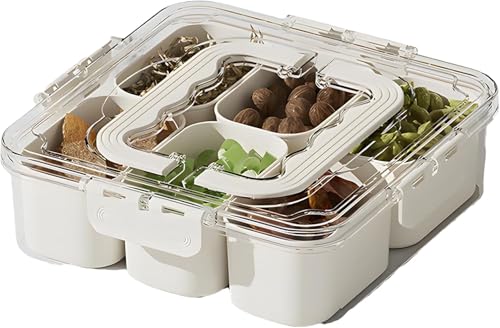 Image of Divided Veggie Tray with Lid and Handle 6 Compartment Serving Tray with Dividers Portable Travel Snack Containers Stackable Box Charcuterie Container for Fruit,Vegetable,Salad (6 Grid - 1 PC)