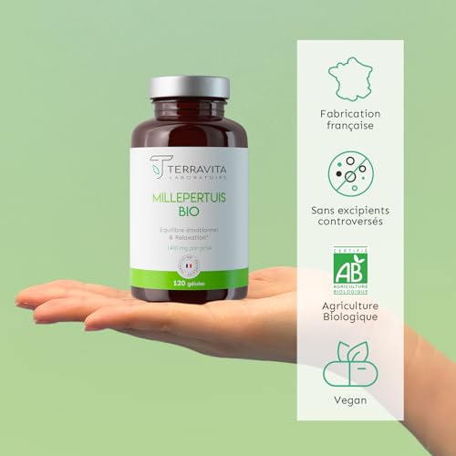 Millepertuis BIO | 120 Gélules de 350 mg | 100% Sommités Fleuries riches en Hypericine | Sommeil Réparateur - Bonne Humeur - Anti-Stress | 100% Vegan Sans Excipients | Made in France | Terravita – vue 5